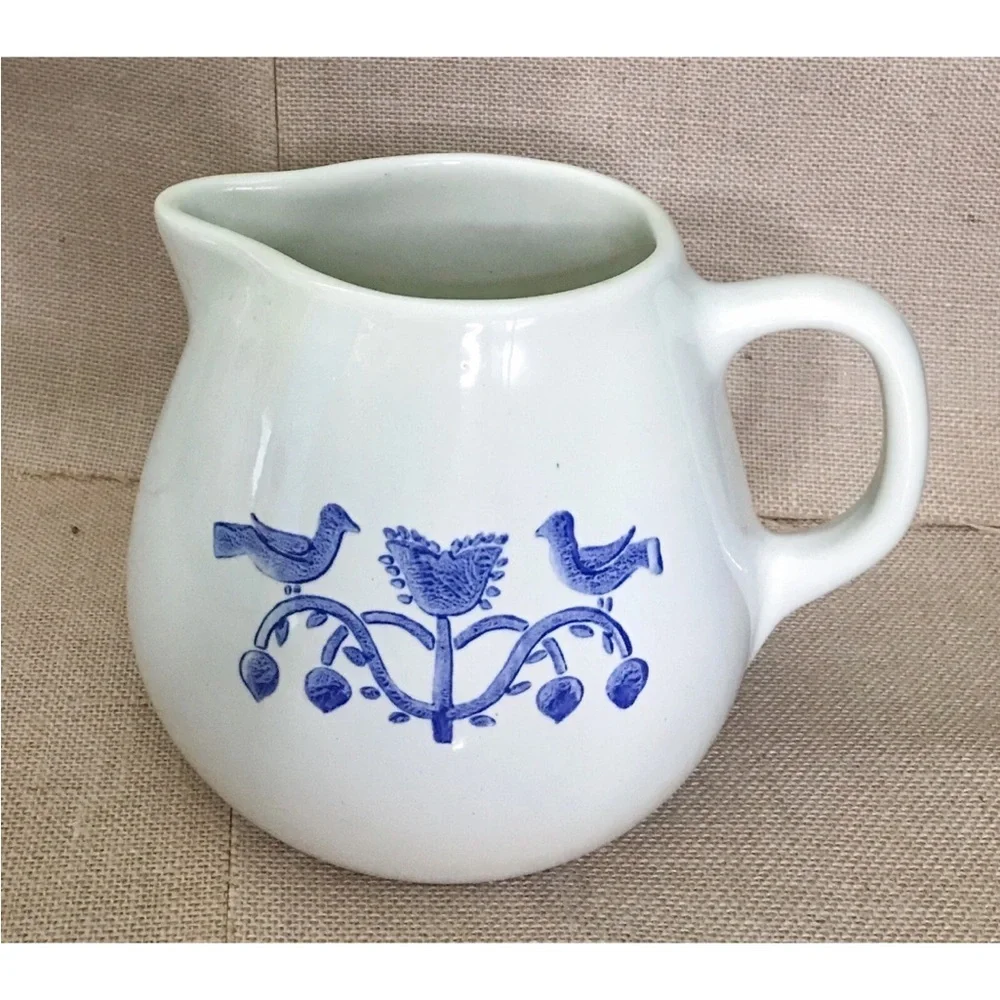 Gaetano Pottery Blue Birds Pitcher Jug Vase Folk Art Cottage Core Farmhouse